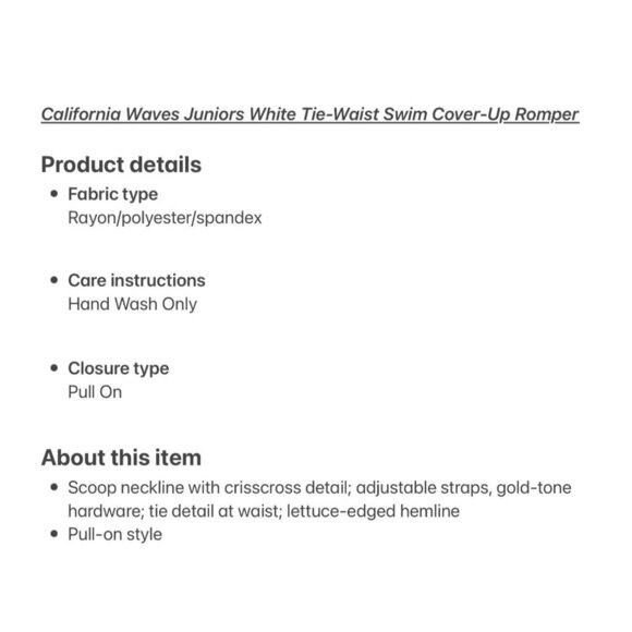 California Waves Juniors Size XL White Tie-Waist Swim Cover-Up Romper NWT - Picture 3 of 8